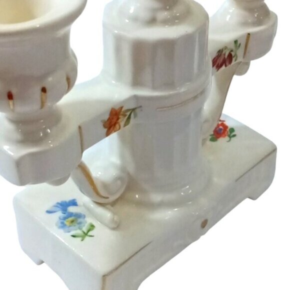 Vintage Czechoslovak Porcelain White 3 Arm Candle Holder Flower Decor Gold Trim - Picture 8 of 8